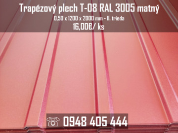 Trapézový plech T-08 RAL 3005 (vínovo červený) matný