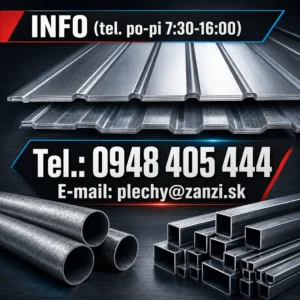 Kovosklad Haniska - Plechy, profily, rúry, hutný materiál. Pondelok až Piatok: 7:30 - 16:00. Volajte na tel. 0948 405 444 alebo napíšte plechy@zanzi.sk - Web banner